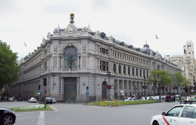 View of the Bank of Spain headquarters (Madrid) from Plaza de Cibeles (square). bank of spain